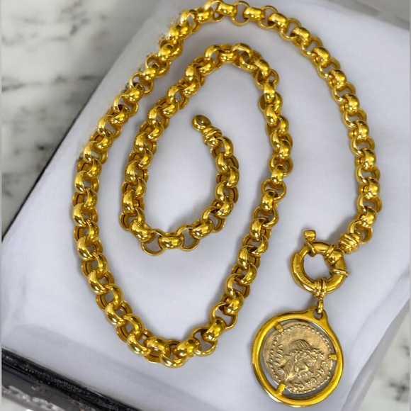 ***SOLD***Vintage 14k Yellow Gold 6mm Rolo Link Roman Coin Pendant Necklace! - Picture 14 of 16